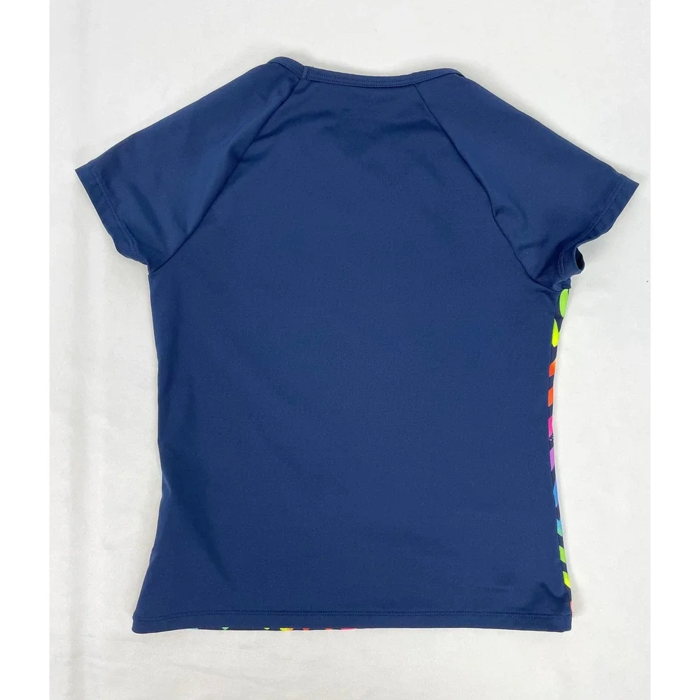 Lands' End Girl Size 8 Medium Blue Hearts Swim Top Short Sleeves Rash Guard